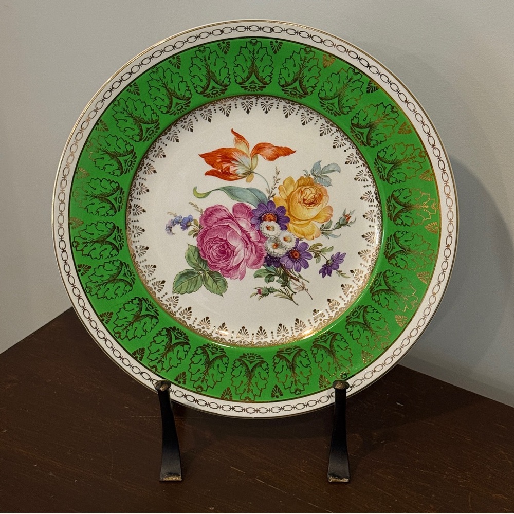 Vintage Green Floral Porcelain Plate – Made in England for Birks